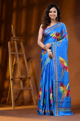 Multicolor heron motif hand embroidered silk kantha saree in sky blue 1