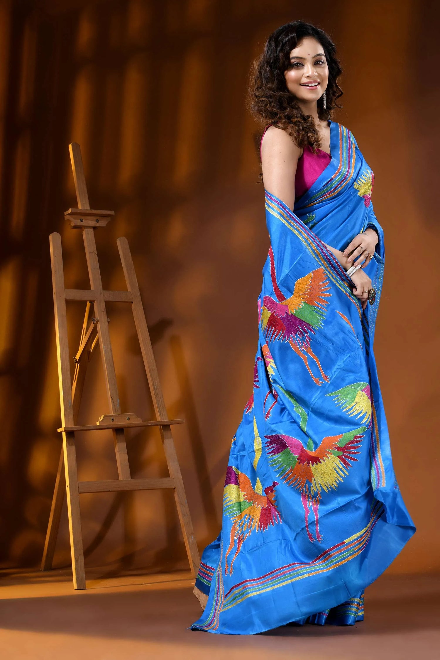 Multicolor heron motif hand embroidered silk kantha saree in sky blue 4
