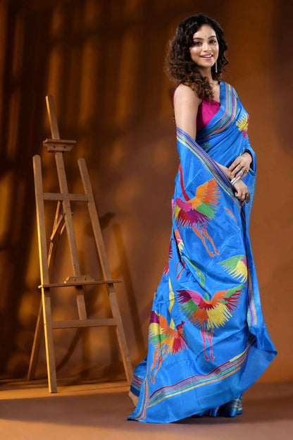 Multicolor heron motif hand embroidered silk kantha saree in sky blue 4