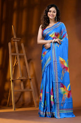 Multicolor heron motif hand embroidered silk kantha saree in sky blue 7