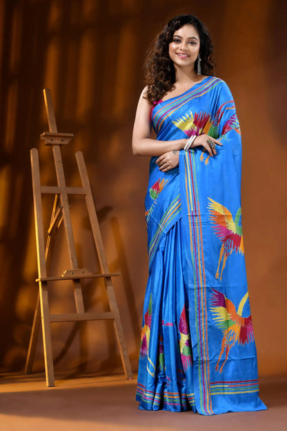 Multicolor heron motif hand embroidered silk kantha saree in sky blue 7