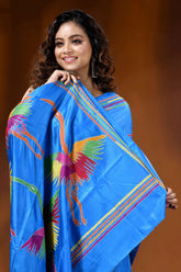 Multicolor heron motif hand embroidered silk kantha saree in sky blue 2
