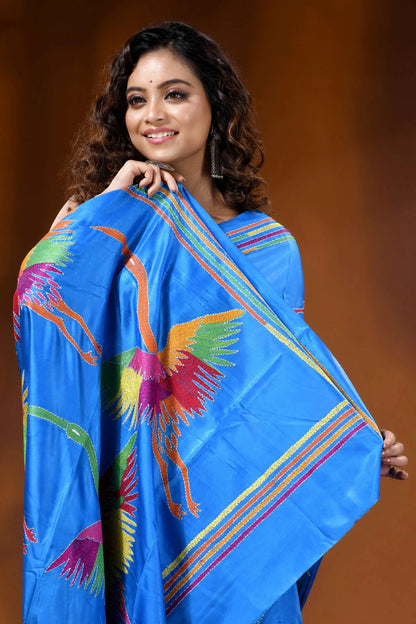 Multicolor heron motif hand embroidered silk kantha saree in sky blue 2