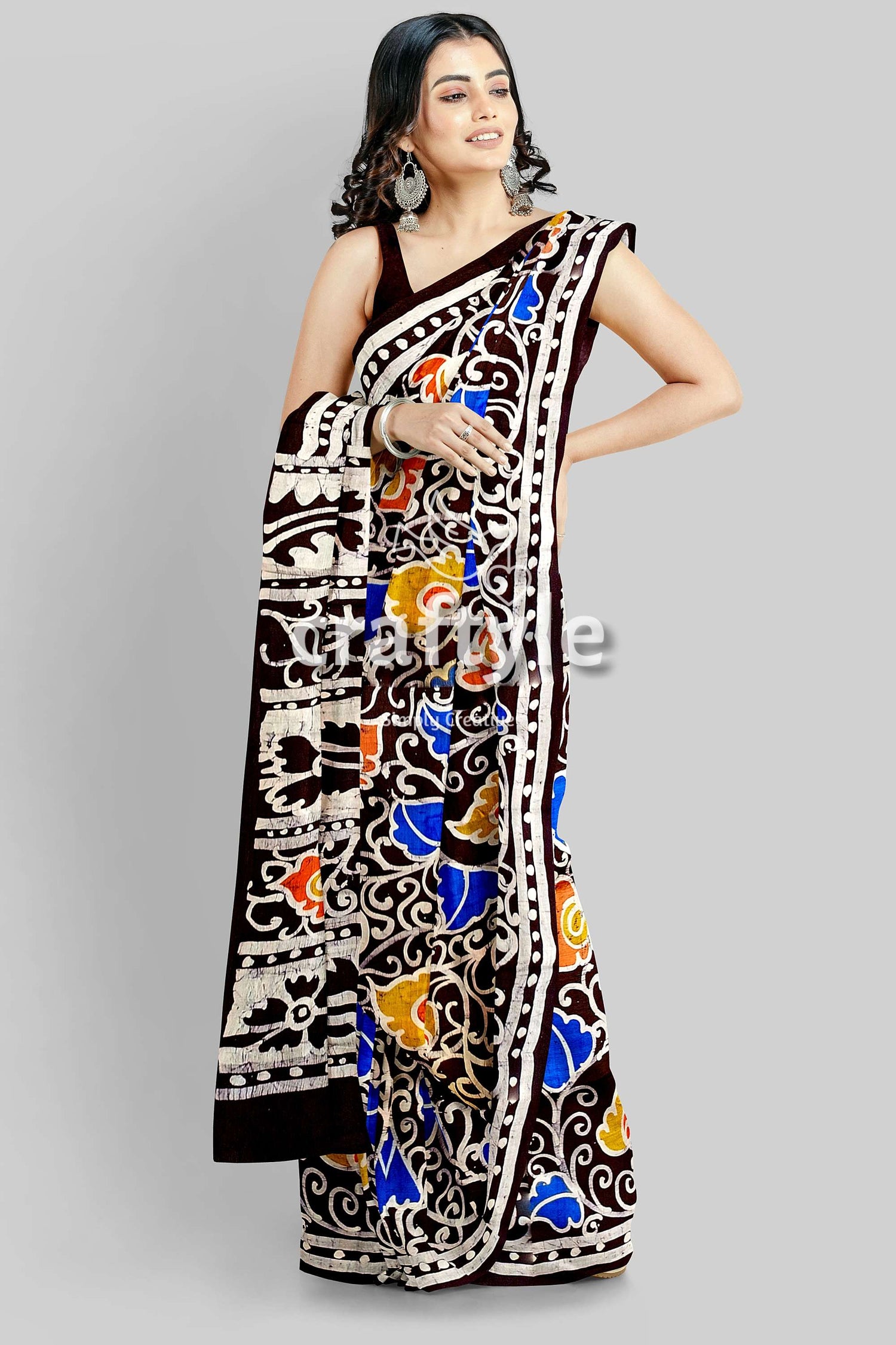 Multicolor Leaf Design Hand Batik Pure Mulberry Silk Saree - Craftyle