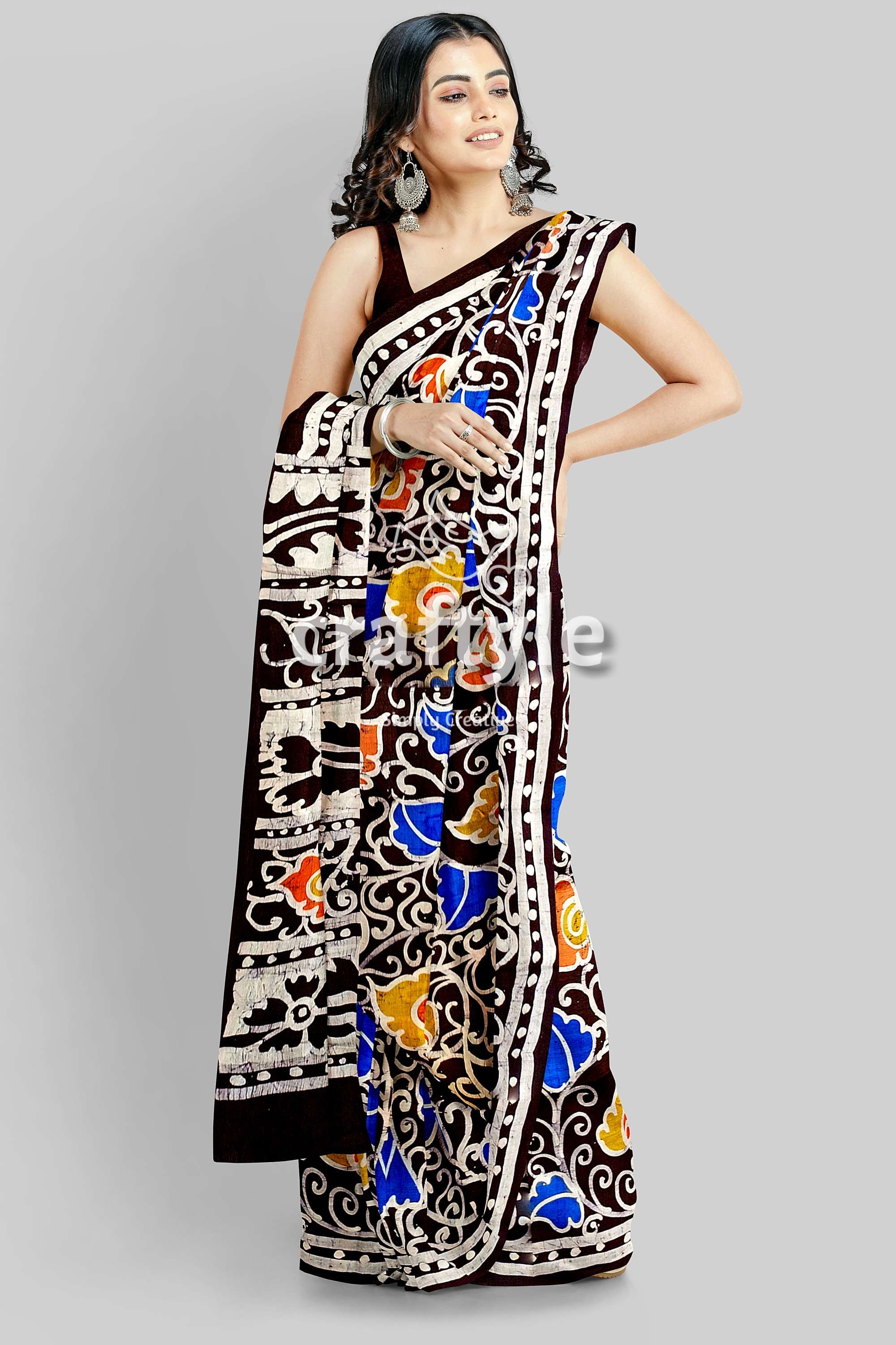 Multicolor Leaf Design Hand Batik Pure Mulberry Silk Saree - Craftyle