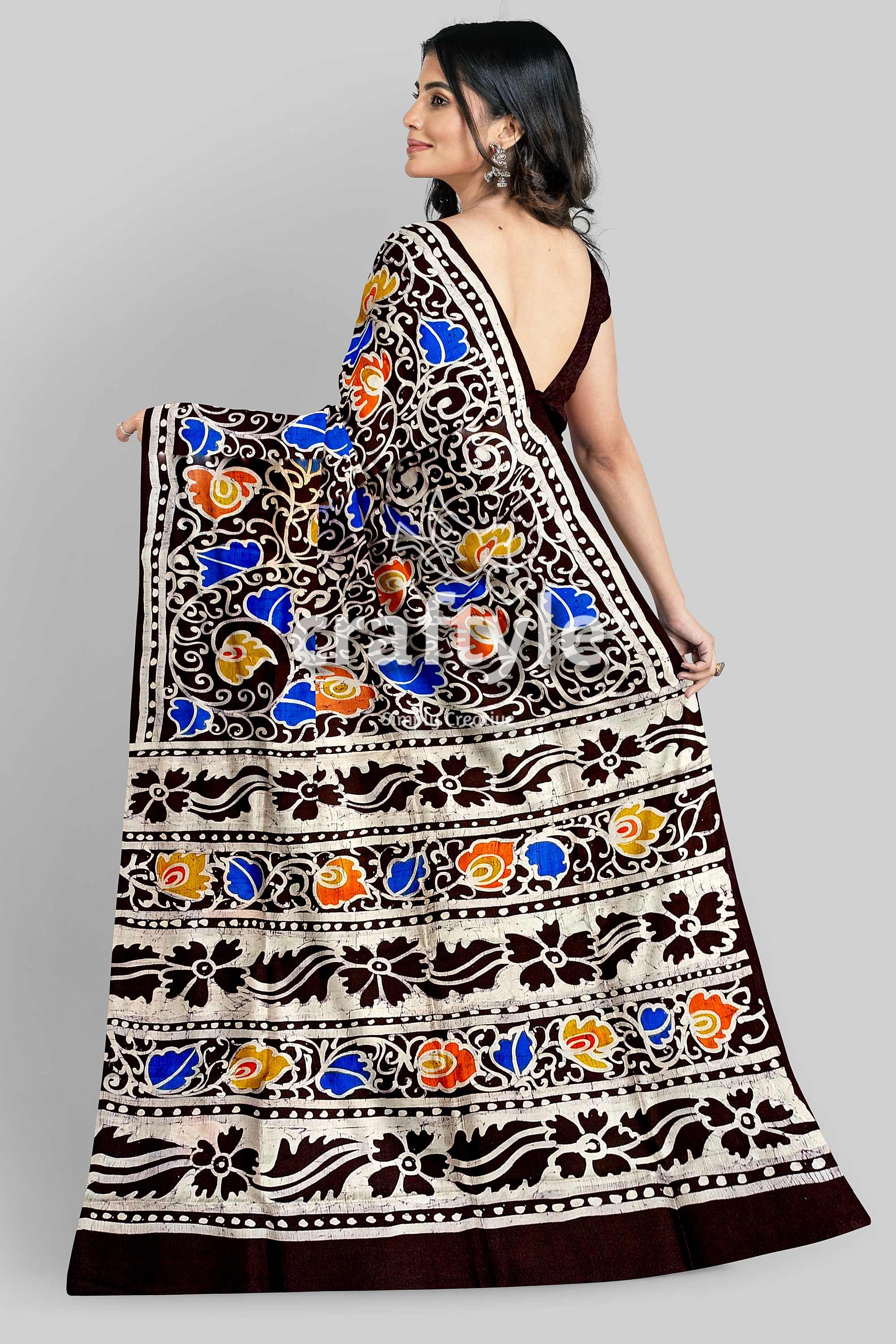 Multicolor Leaf Design Hand Batik Pure Mulberry Silk Saree - Craftyle