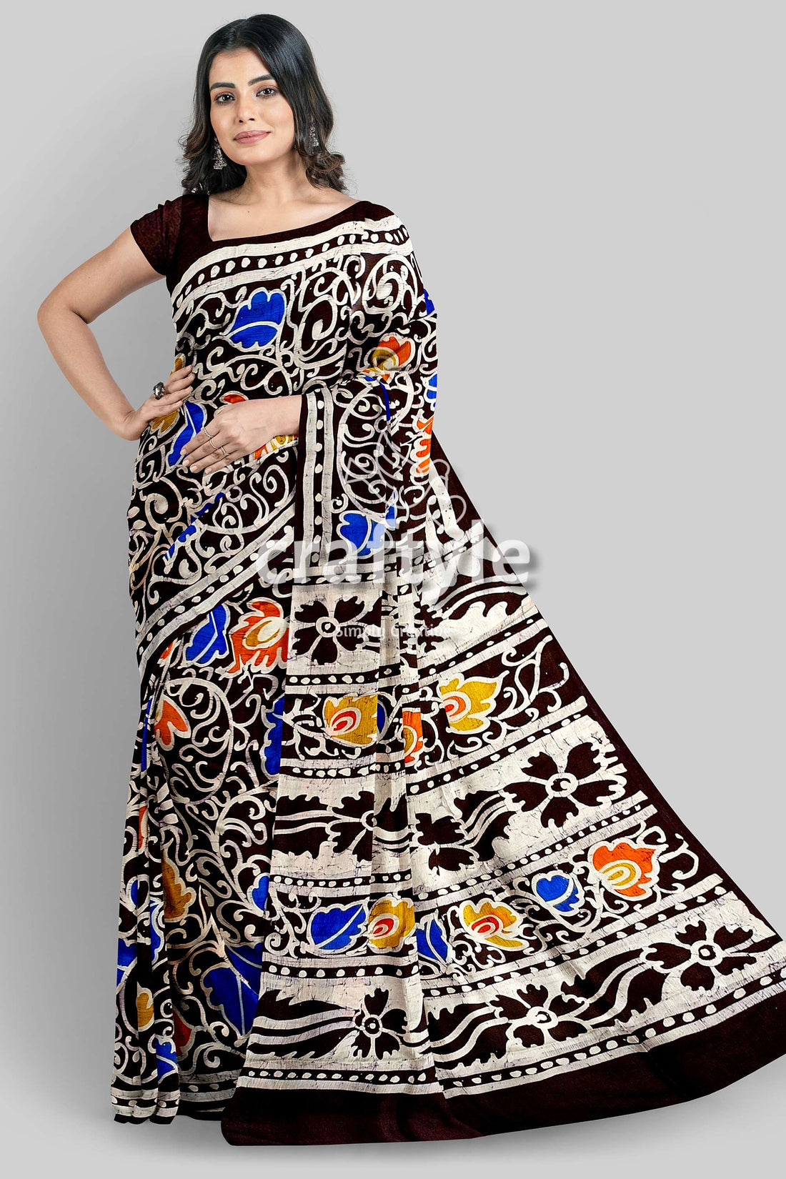 Multicolor Leaf Design Hand Batik Pure Mulberry Silk Saree - Craftyle