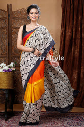 Multicolor Leaf Design Hand Block Design Mulberry Pure Silk Saree - Craftyle