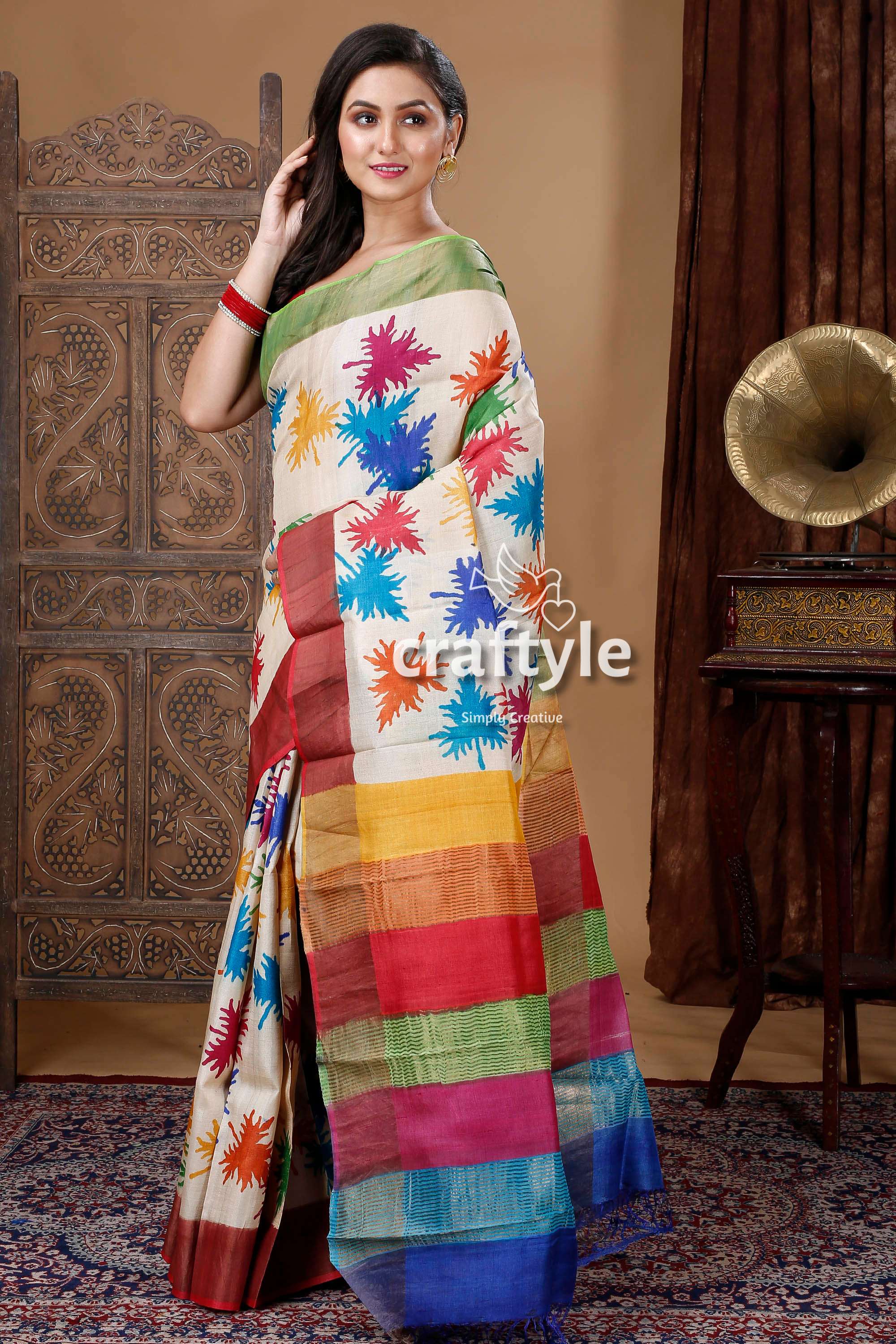 Multicolor Leaf Design Hand Block Print Pure Zari Tussar Saree - Craftyle