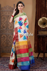 Multicolor Leaf Design Hand Block Print Pure Zari Tussar Saree - Craftyle