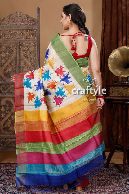 Multicolor Leaf Design Hand Block Print Pure Zari Tussar Saree - Craftyle