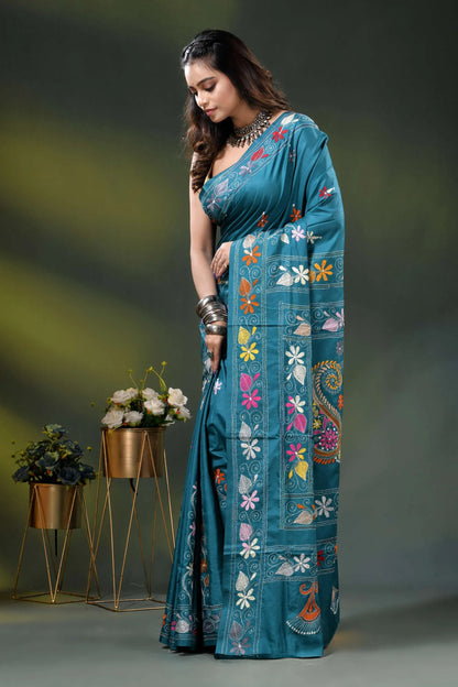 Multicolor paisley design handcrafted silk kantha saree in teal 3
