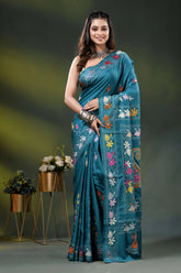 Multicolor paisley design handcrafted silk kantha saree in teal 1