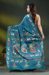 Multicolor paisley design handcrafted silk kantha saree in teal 5