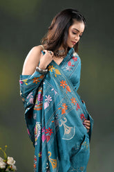 Multicolor paisley design handcrafted silk kantha saree in teal 2