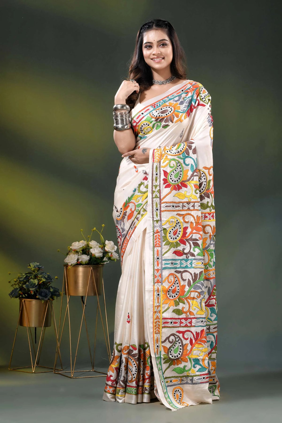 Multicolor paisley handcrafted silk kantha stitch saree design in white 6