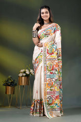 Multicolor paisley handcrafted silk kantha stitch saree design in white 6