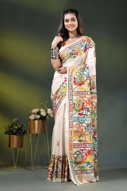 Multicolor paisley handcrafted silk kantha stitch saree design in white 6