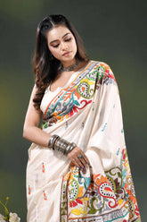 Multicolor paisley handcrafted silk kantha stitch saree design in white 2