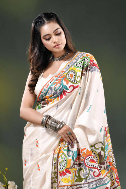 Multicolor paisley handcrafted silk kantha stitch saree design in white 2
