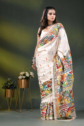Multicolor paisley handcrafted silk kantha stitch saree design in white 5