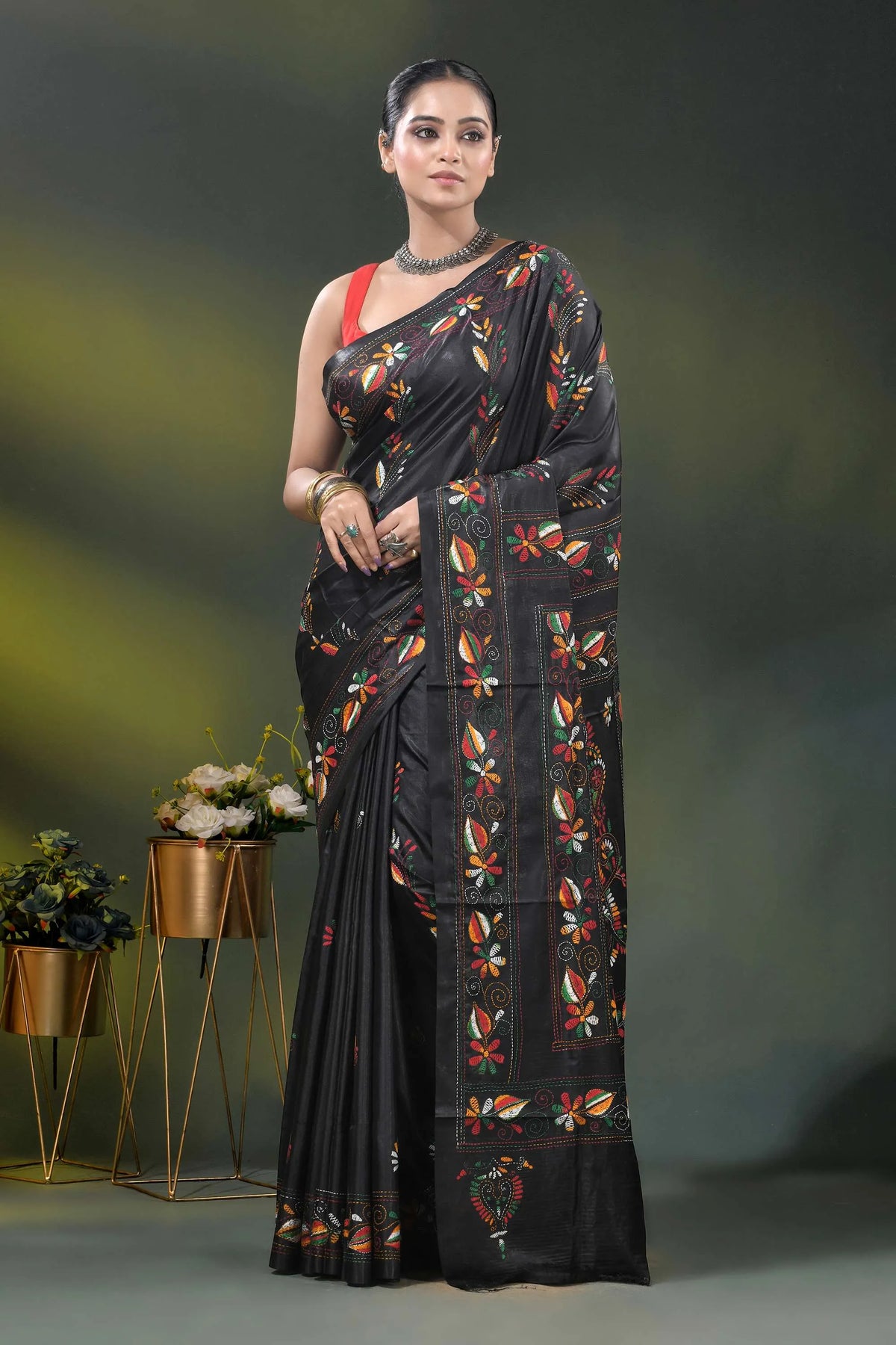 Multicolor paisley motif jade black silk kantha work saree 6