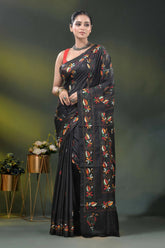 Multicolor paisley motif jade black silk kantha work saree 6