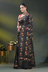 Multicolor paisley motif jade black silk kantha work saree 3