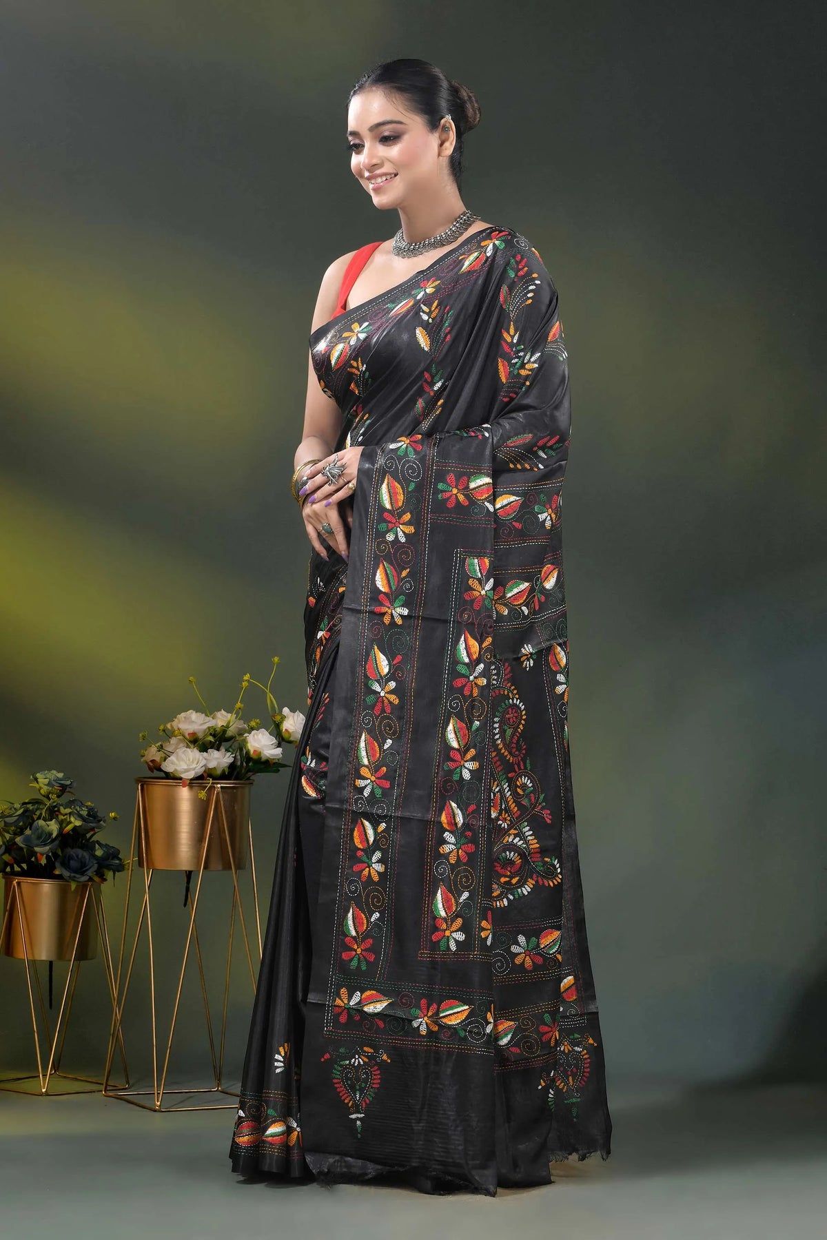 Multicolor paisley motif jade black silk kantha work saree 3