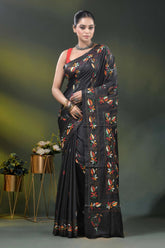 Multicolor paisley motif jade black silk kantha work saree 1