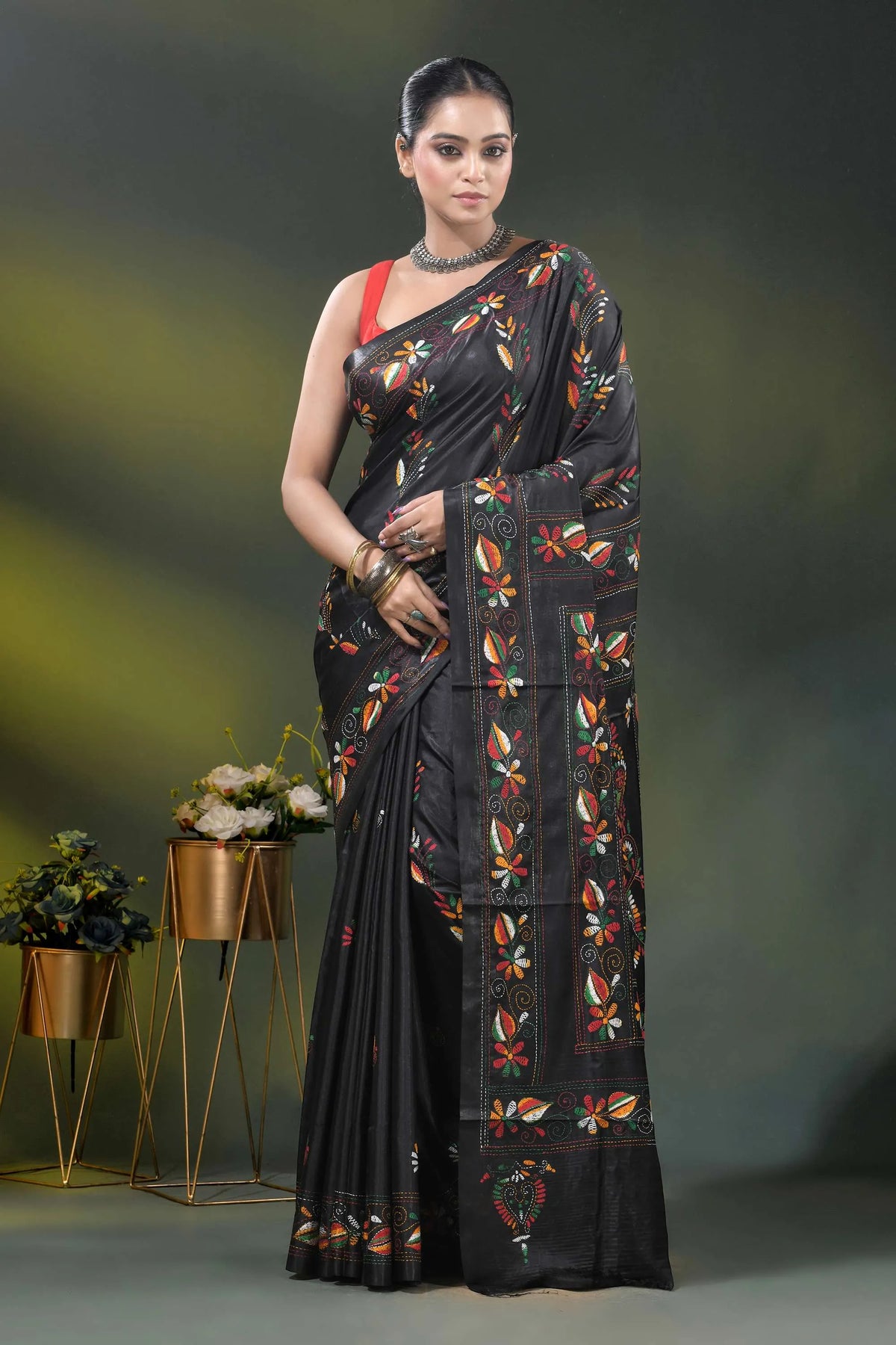 Multicolor paisley motif jade black silk kantha work saree 1