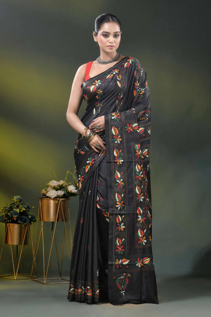 Multicolor paisley motif jade black silk kantha work saree 1