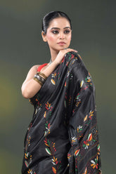 Multicolor paisley motif jade black silk kantha work saree 2