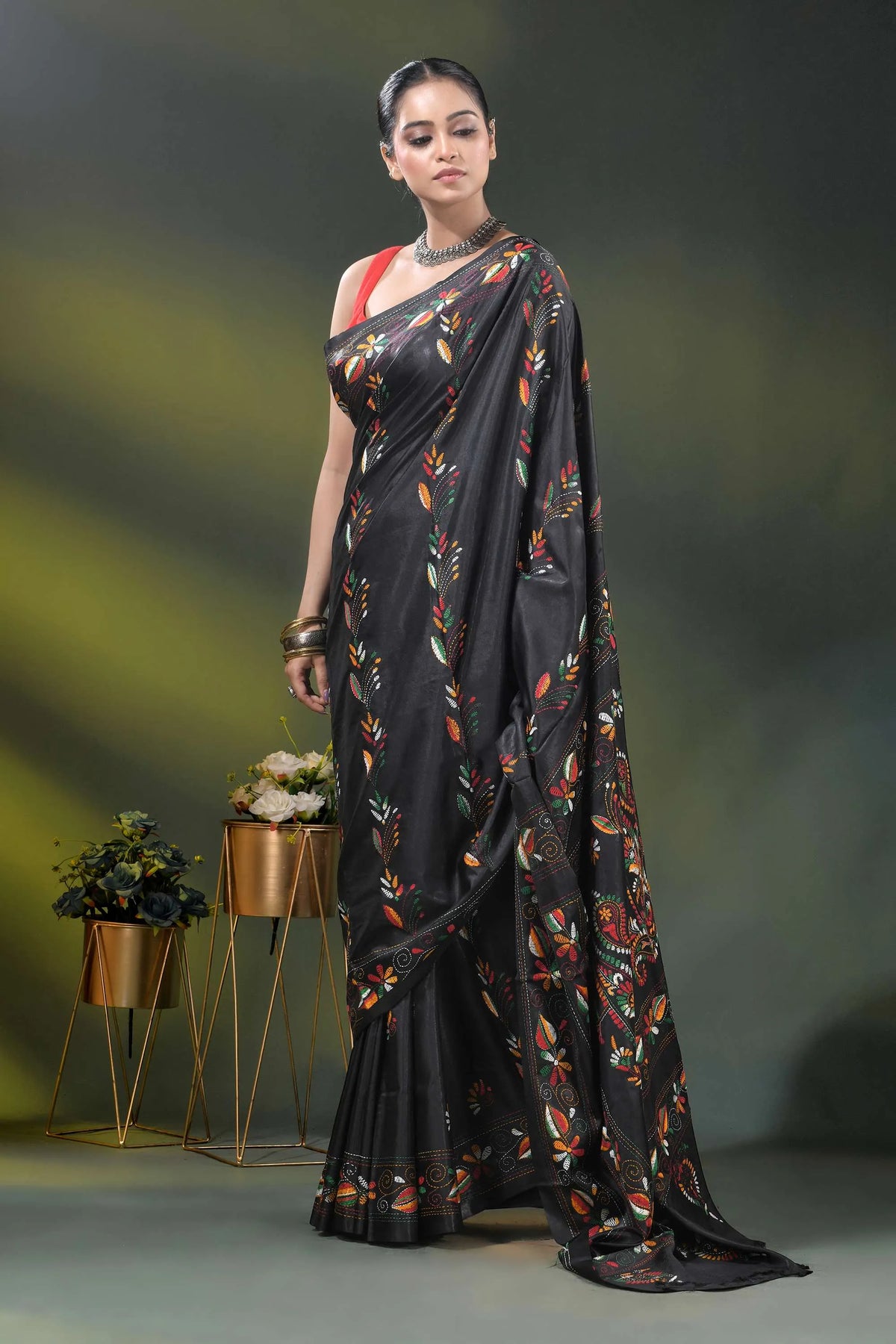 Multicolor paisley motif jade black silk kantha work saree 4