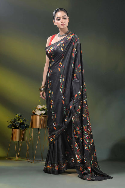 Multicolor paisley motif jade black silk kantha work saree 4