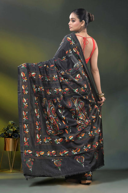 Multicolor paisley motif jade black silk kantha work saree 5