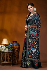 Multicolor peacock design handmade ebony black silk kantha saree black silk saree adorned vibrant 3