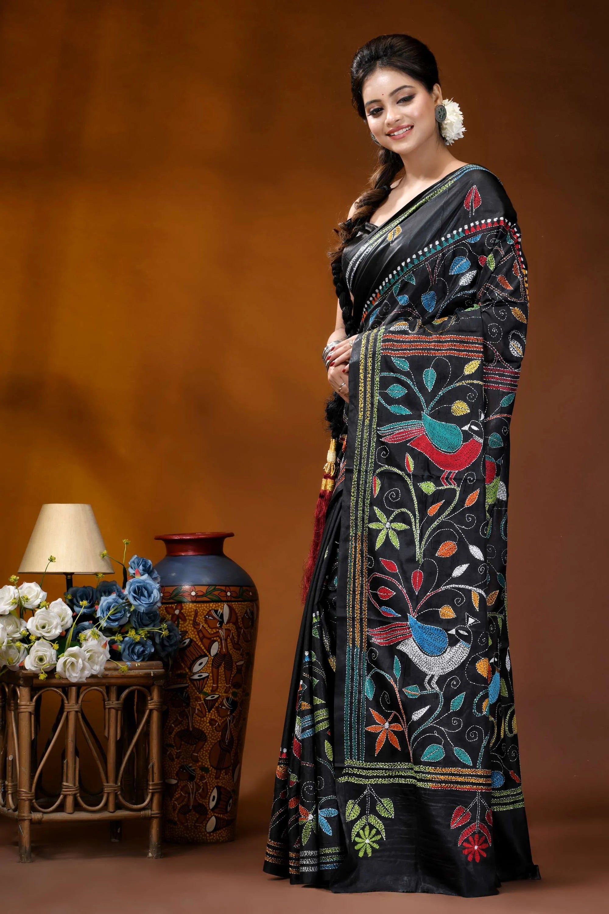 Multicolor peacock design handmade ebony black silk kantha saree black silk saree adorned vibrant 3