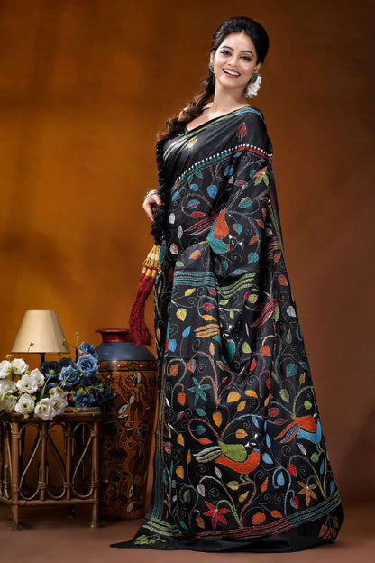 Multicolor peacock design handmade ebony black silk kantha saree black saree vibrant colorful embroidered 4