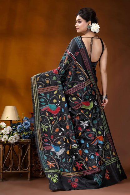 Multicolor peacock design handmade ebony black silk kantha saree black silk saree vibrant hand-embroidered 5