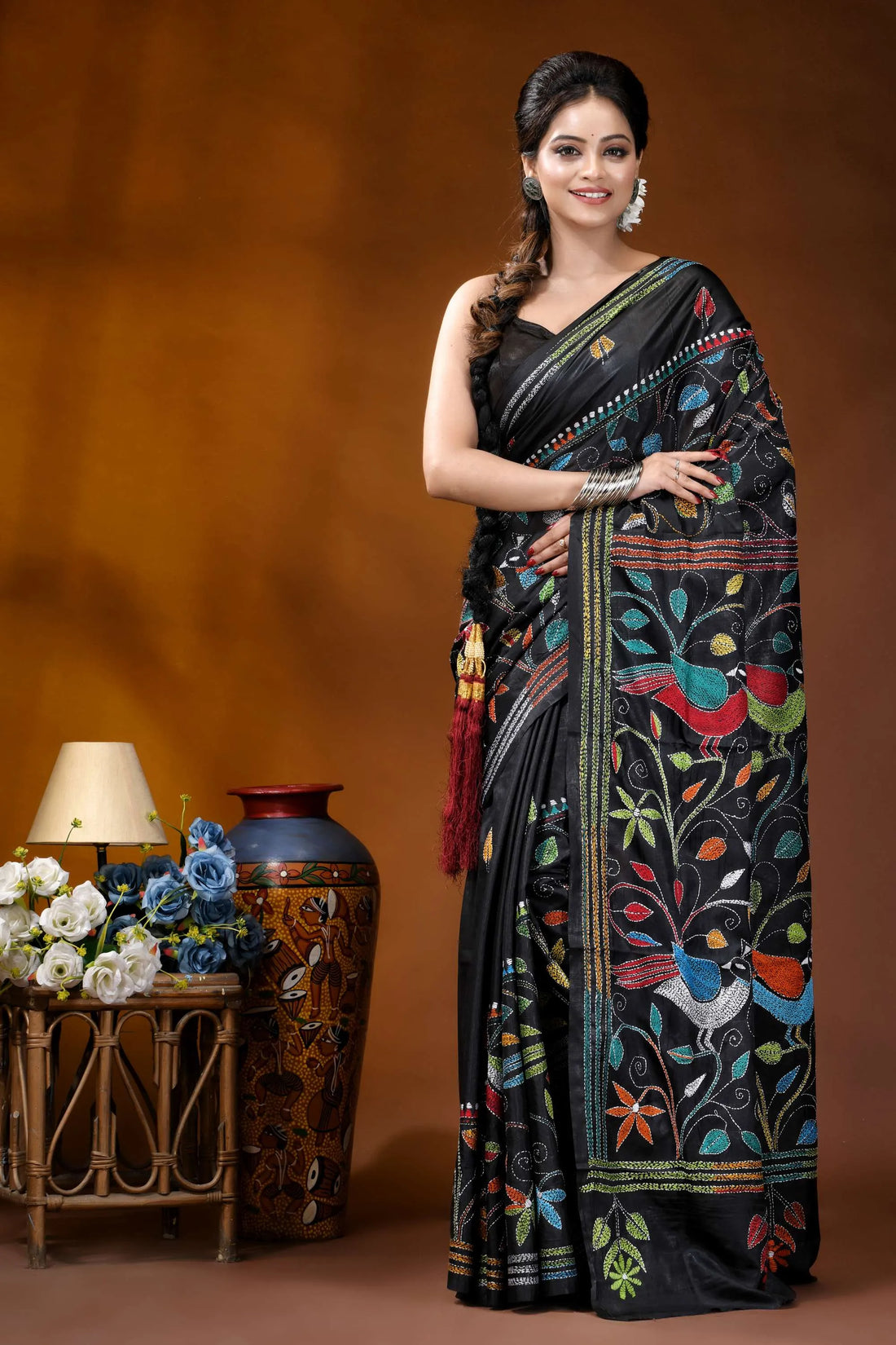Multicolor peacock design handmade ebony black silk kantha saree black silk saree vibrant hand-embroidered 1