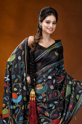 Multicolor peacock design handmade ebony black silk kantha saree black silk saree adorned vibrant 2