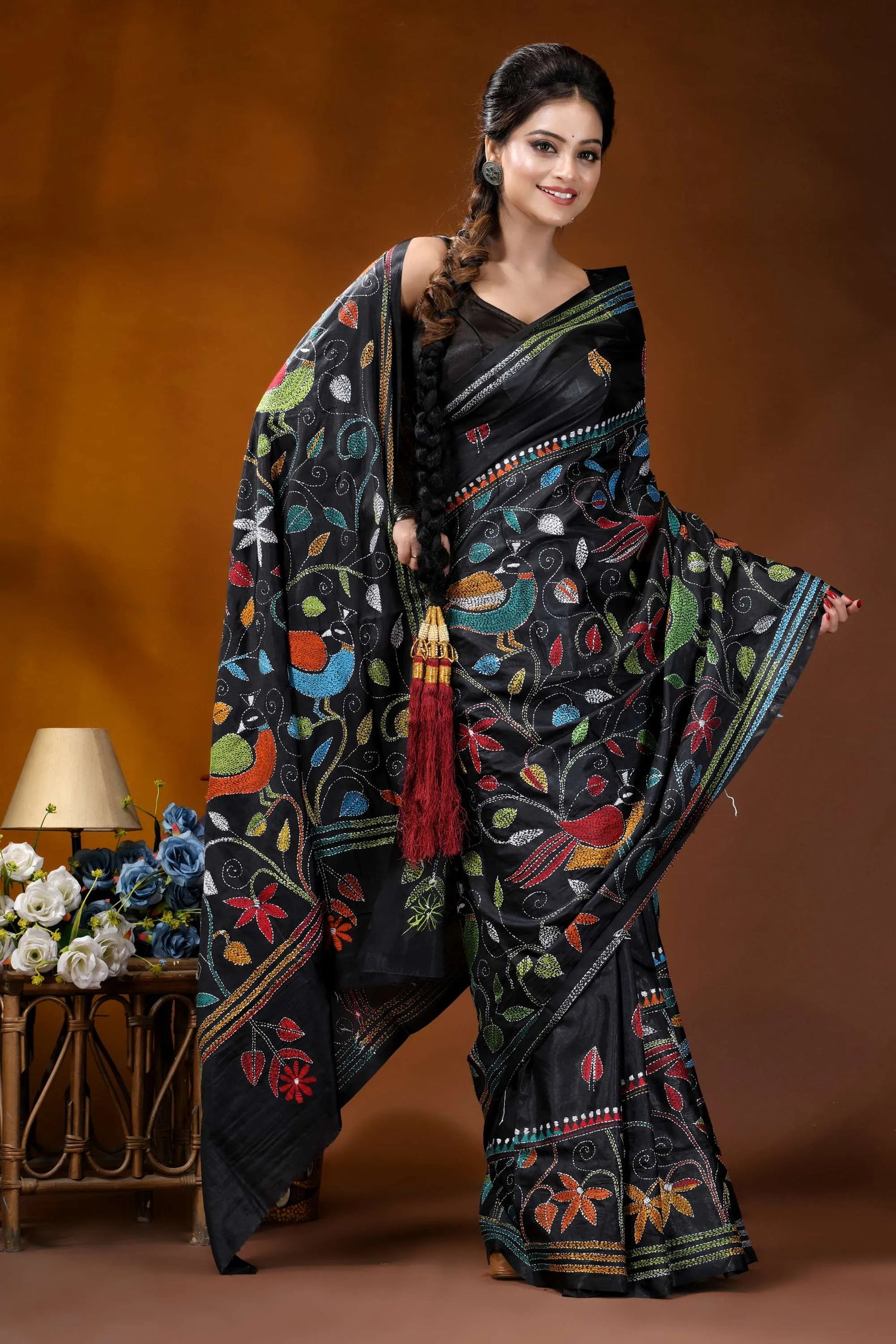 Multicolor peacock design handmade ebony black silk kantha saree black embroidered saree vibrant floral 6