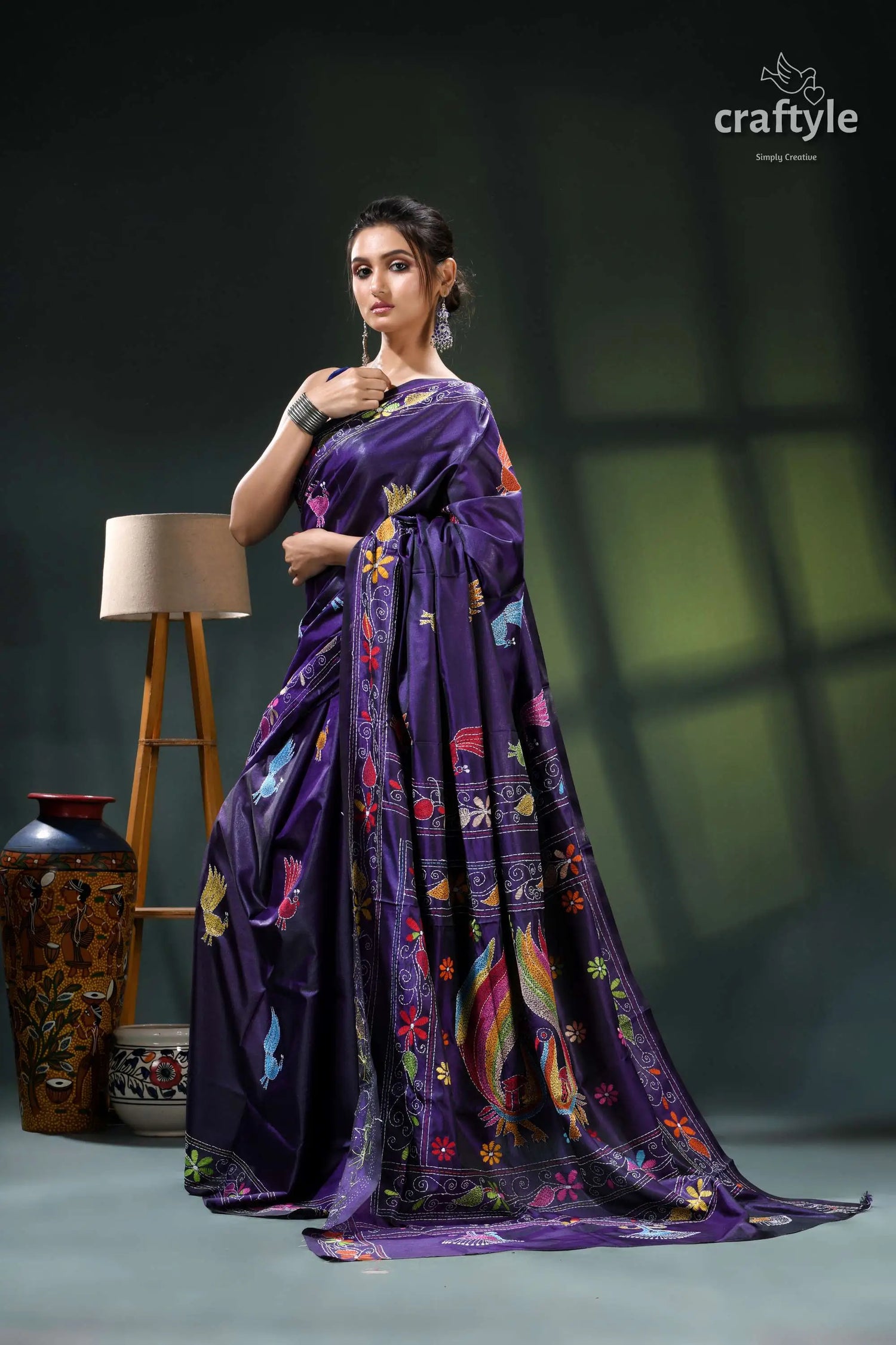 Multicolor peacock design silk kantha saree in jacarta blue purple floral saree intricate designs 5