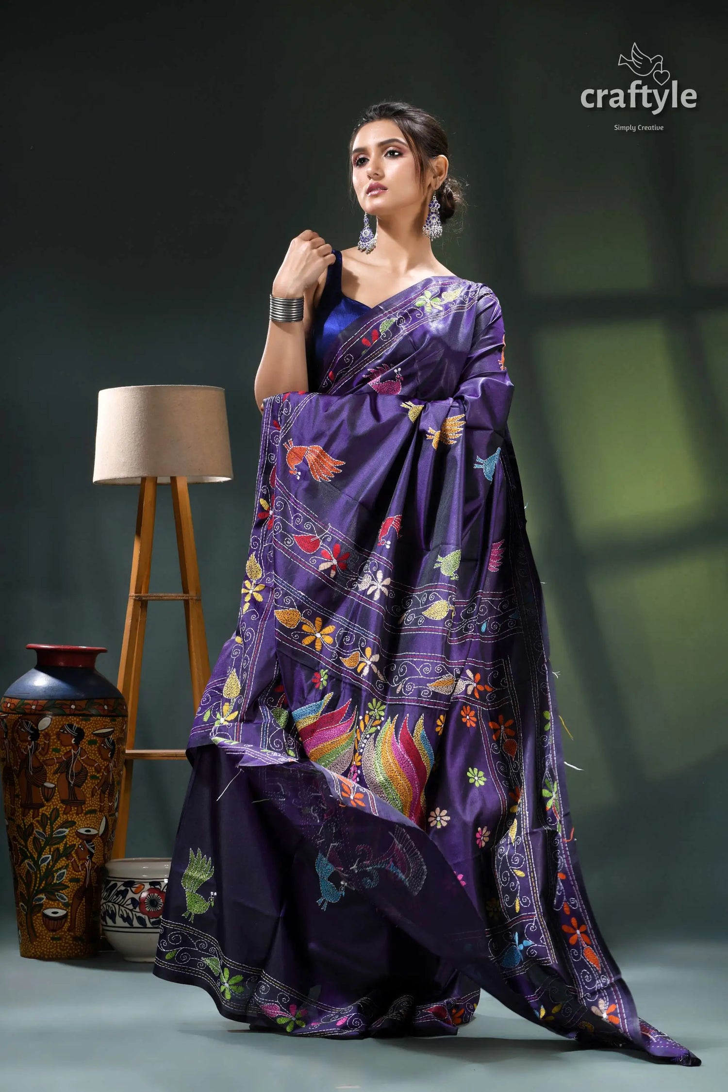 Multicolor peacock design silk kantha saree in jacarta blue purple floral print saree layered 4