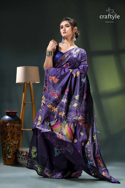 Multicolor peacock design silk kantha saree in jacarta blue purple floral print saree layered 4