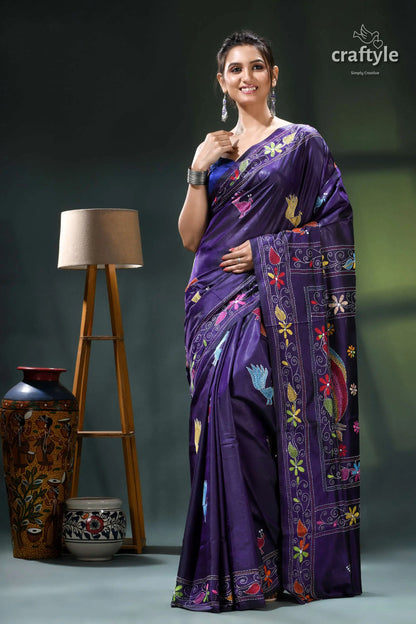 Multicolor peacock design silk kantha saree in jacarta blue purple saree floral peacock design 7