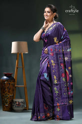 Multicolor peacock design silk kantha saree in jacarta blue purple floral saree intricate embroidery 3