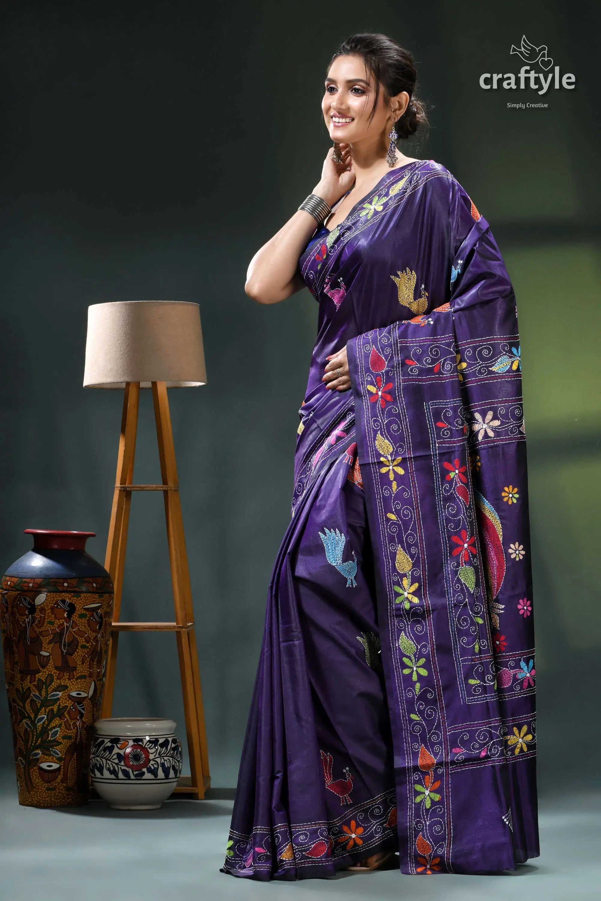 Multicolor peacock design silk kantha saree in jacarta blue purple floral saree intricate embroidery 3