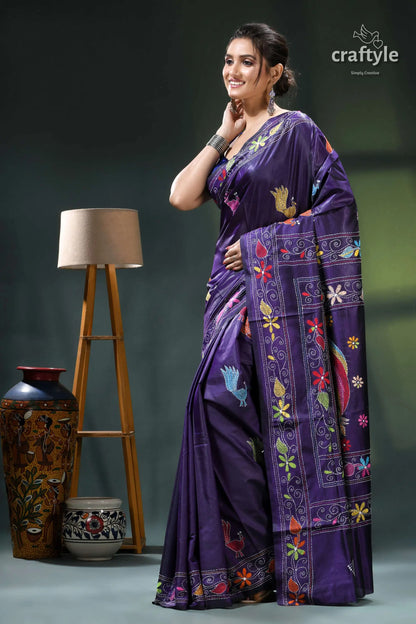 Multicolor peacock design silk kantha saree in jacarta blue purple floral saree intricate embroidery 3